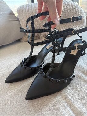 Valentino Black Rockstud T-Strap Pointed Leather Heels